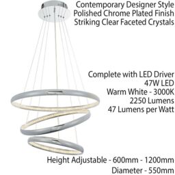 Loops LED Ceiling Pendant Light 47W Warm White Chrome & Crystal 3 Ring/Hoop Strip Lamp - thumbnail 2