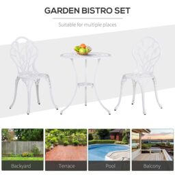 OUTSUNNY 3 Piece Bistro Set, Aluminium Garden Furniture with Umbrella Hole in White - thumbnail 7