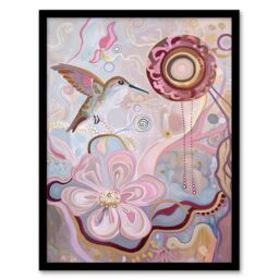 Artery8 Folk Art Hummingbird with Pink Abstract Flowers Framed Art Print - Size: A4 - thumbnail 1