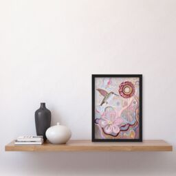 Artery8 Folk Art Hummingbird with Pink Abstract Flowers Framed Art Print - Size: A4 - thumbnail 4