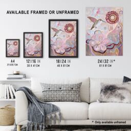 Artery8 Folk Art Hummingbird with Pink Abstract Flowers Framed Art Print - Size: A4 - thumbnail 3