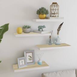 Berkfield Home Floating Wall Shelves 4 pcs Oak & White 60x23.5x3.8 cm MDF in Brown - thumbnail 2