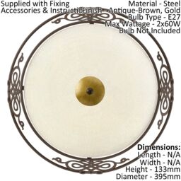 Loops 2 PACK Wall Flush Ceiling Light Antique Brown Gold Shade Beige Glass E27 2x60W - thumbnail 2