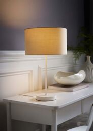 ValueLights Charlie White Single Stem Table Lamp with Fabric Drum Lamp Shade & LED Bulb in Natural - thumbnail 1