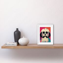 "Artery8 Wall Art Print Modern Cute Shih Tzu Dog Vibrant Bright Portrait in Pink Blue Orange Cream Artwork Framed 9X7 Inch in White - Size: W7"" x H9""" - thumbnail 2