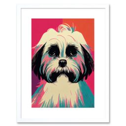 "Artery8 Wall Art Print Modern Cute Shih Tzu Dog Vibrant Bright Portrait in Pink Blue Orange Cream Artwork Framed 9X7 Inch in White - Size: W7"" x H9""" - thumbnail 1