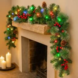 Marco Paul 9ft Luxury Pre Lit Christmas Garland with Warm White LED Lights in Green - Size: 270 cm x 35 cm - thumbnail 1