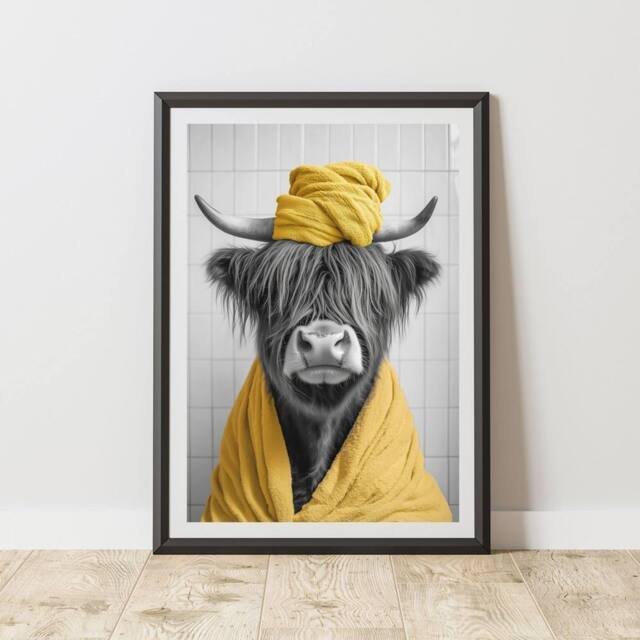 60 SECOND MAKEOVER Highland Cow Yellow Towel Quirky Animal Print - Size: A4 - image 1