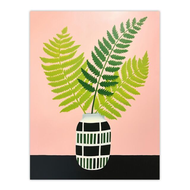 "Wee Blue Coo Wall Art Print Fern in Vase Baby Pink Green Plant Fronds Oil Painting Poster - Size: W18"" x H24""" - image 1