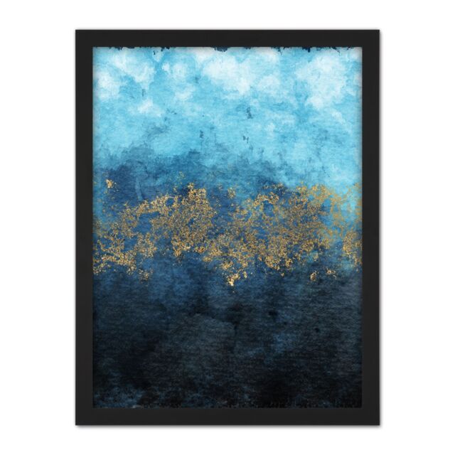"Artery8 Wall Art Print Abstract Blue & Gold Watercolour Large Large Framed Wall Décor Art in Brown - Size: W18"" x H24""" - image 1