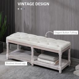 HOMCOM Rack Bench w/ Button Tufted Seat Cushion for Living Room Hallway Bedroom in Cream - thumbnail 4