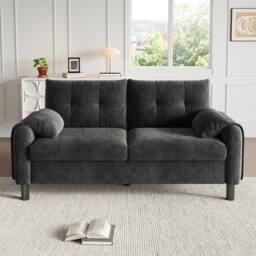 Merax 2-Seater Chenille Sofa with Pillow-Style Armrests & Side Pockets in Grey - thumbnail 2