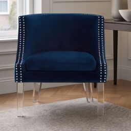 Orsina Modern Black Curved Chair, Mid Century Design Comfortable Armchair, Velvet Upholstered Modern Armchair in Blue