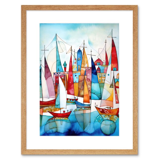 "Artery8 Wall Art Print Harbour Boats Abstract Folk Art Watercolour Painting Artwork Framed 9X7 Inch in Beige - Size: W7"" x H9""" - image 1