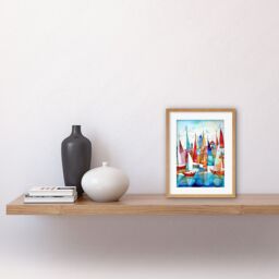 "Artery8 Wall Art Print Harbour Boats Abstract Folk Art Watercolour Painting Artwork Framed 9X7 Inch in Beige - Size: W7"" x H9""" - thumbnail 2