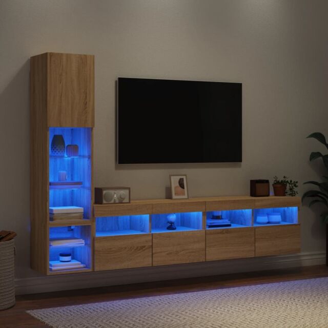 Berkfield Home 4 Piece TV Wall Units with LED Sonoma Oak Engineered Wood in Brown - image 1