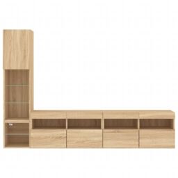 Berkfield Home 4 Piece TV Wall Units with LED Sonoma Oak Engineered Wood in Brown - thumbnail 7