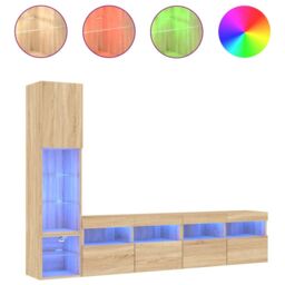Berkfield Home 4 Piece TV Wall Units with LED Sonoma Oak Engineered Wood in Brown - thumbnail 2