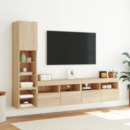 Berkfield Home 4 Piece TV Wall Units with LED Sonoma Oak Engineered Wood in Brown - thumbnail 4