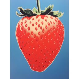 "Artery8 Wall Art Print A Single Strawberry Block Colour Artwork Red on Blue Bold Bright Minimalist Kitchen Decor Poster - Size: W24"" x H32""" - thumbnail 1