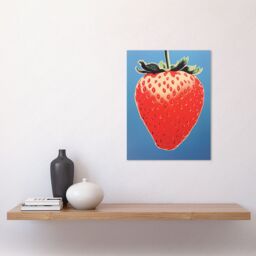"Artery8 Wall Art Print A Single Strawberry Block Colour Artwork Red on Blue Bold Bright Minimalist Kitchen Decor Poster - Size: W24"" x H32""" - thumbnail 2