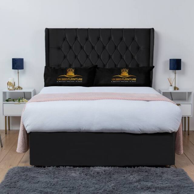 UK Bed Furniture Mary Winged Divan Bed Base with 54Inch Buttoned Headboard - No Storage in Black - Size: Single - image 1