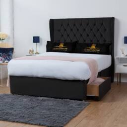 UK Bed Furniture Mary Winged Divan Bed Base with 54Inch Buttoned Headboard - No Storage in Black - Size: Single - thumbnail 2