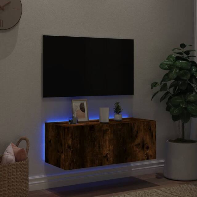 Berkfield Home TV Wall Cabinet with LED Lights Smoked Oak 80x35x31 cm in Brown - Size: 80 x 35 x 31 cm - image 1