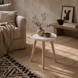 Wyld Haus Nona Wood White Round Side Table with Carved Floral Tray Top