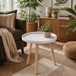 Wyld Haus Nona Wood White Round Side Table with Carved Floral Tray Top - thumbnail 3