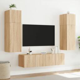 Berkfield Home TV Wall Cabinets with LED Lights 2 pcs Sonoma Oak 80x35x31 cm in Light Oak - Size: 80 x 35 x 31 cm - thumbnail 5
