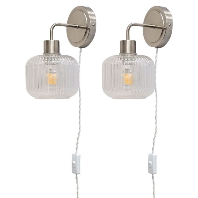 First Choice Lighting Set of 2 Toby - Satin Nickel Plug in Wall Lights Ribbed Glass Shades in Silver - image 1