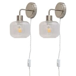 First Choice Lighting Set of 2 Toby - Satin Nickel Plug in Wall Lights Ribbed Glass Shades in Silver - thumbnail 1