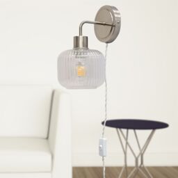 First Choice Lighting Set of 2 Toby - Satin Nickel Plug in Wall Lights Ribbed Glass Shades in Silver - thumbnail 5
