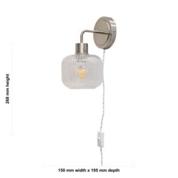 First Choice Lighting Set of 2 Toby - Satin Nickel Plug in Wall Lights Ribbed Glass Shades in Silver - thumbnail 6