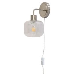 First Choice Lighting Set of 2 Toby - Satin Nickel Plug in Wall Lights Ribbed Glass Shades in Silver - thumbnail 2