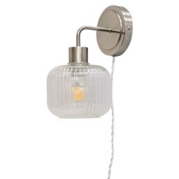 First Choice Lighting Set of 2 Toby - Satin Nickel Plug in Wall Lights Ribbed Glass Shades in Silver - thumbnail 3