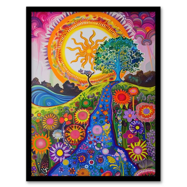 "Artery8 Bright Colourful Hippy Artwork Flowers Sun Trees Framed Art Print - Size: W12"" x H16""" - image 1