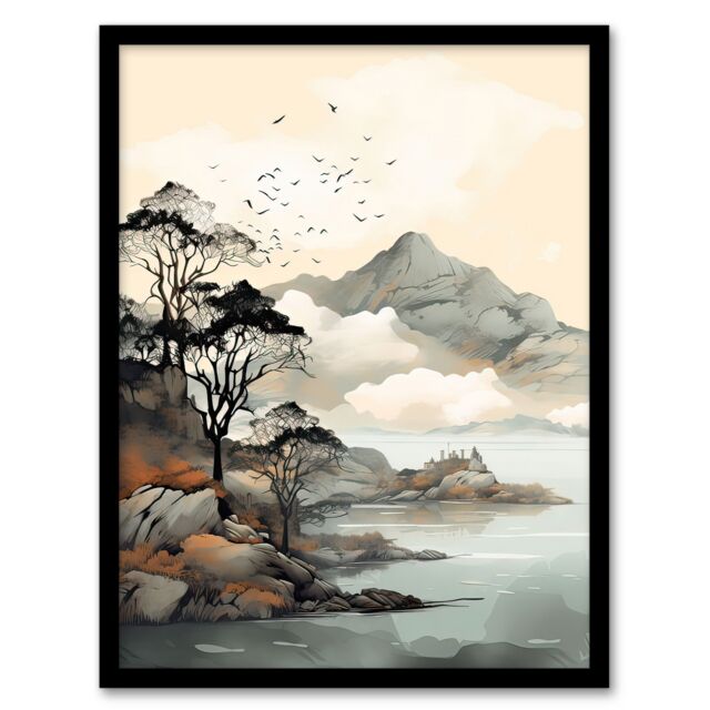 Artery8 Wall Art Print Autumn Coastal Landscape in Scottish Highlands Framed in Grey - Size: A4 - image 1