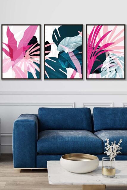 ARTZE Set of 3 Black Framed Abstract Pink & Blue Tropical Triptych Wall Art - Size: W33 cm x H45 cm x D20mm - image 1