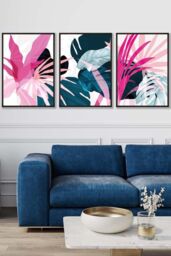 ARTZE Set of 3 Black Framed Abstract Pink & Blue Tropical Triptych Wall Art - Size: W33 cm x H45 cm x D20mm - thumbnail 1