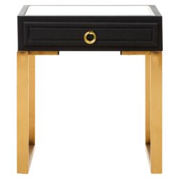 Orsina 1‑Drawer Faux Shagreen Side Table, Black Faux‑Leather Shagreen Texture, Gold Legs & Knocker-Style Handle