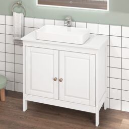 Gymax Under Sink Bathroom Cabinet With Adjustable Shelf U-Shape Cut-Out in White - thumbnail 3