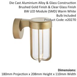 Loops Brushed Gold Outdoor Wall Light with Glass Shade - IP44 Rated - Integrated LED in Clear - thumbnail 2