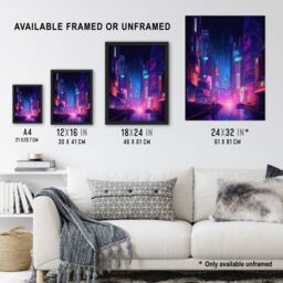 "Artery8 Synthpop City Modern Neon Futuristic Cityscape Blue Purple Large Wall Art Poster Print Thick Paper 18X24 Inch - Size: W18"" x H24""" - thumbnail 3