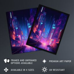 "Artery8 Synthpop City Modern Neon Futuristic Cityscape Blue Purple Large Wall Art Poster Print Thick Paper 18X24 Inch - Size: W18"" x H24""" - thumbnail 2