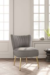 Living and Home Grey Velvet Armless Wingback Accent Chair with Gold Metal Legs