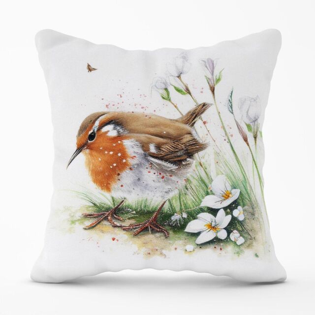 Warren Reed - Designer Robin & Daisies Watercolour Outdoor Cushion in Brown - Size: 60 cm x 60 cm - image 1