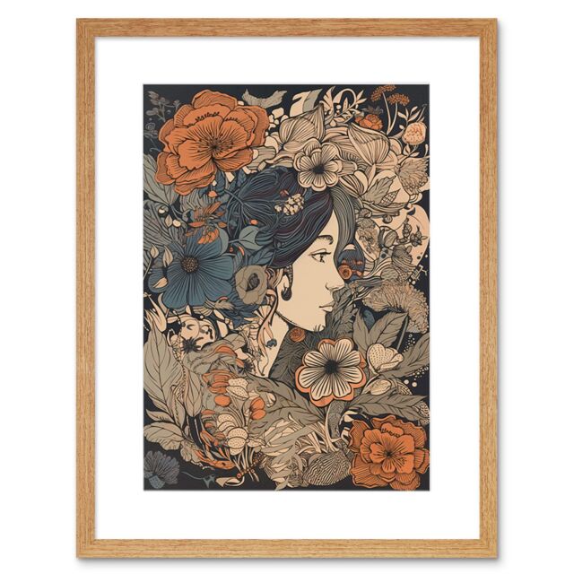 "Artery8 Wall Art Print Woman Floral Profile Portrait Boho Art Nouveau Artwork Framed 9X7 Inch in Beige - Size: W7"" x H9""" - image 1