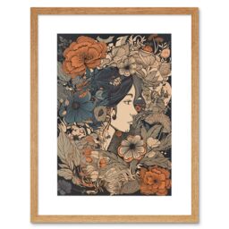 "Artery8 Wall Art Print Woman Floral Profile Portrait Boho Art Nouveau Artwork Framed 9X7 Inch in Beige - Size: W7"" x H9""" - thumbnail 1